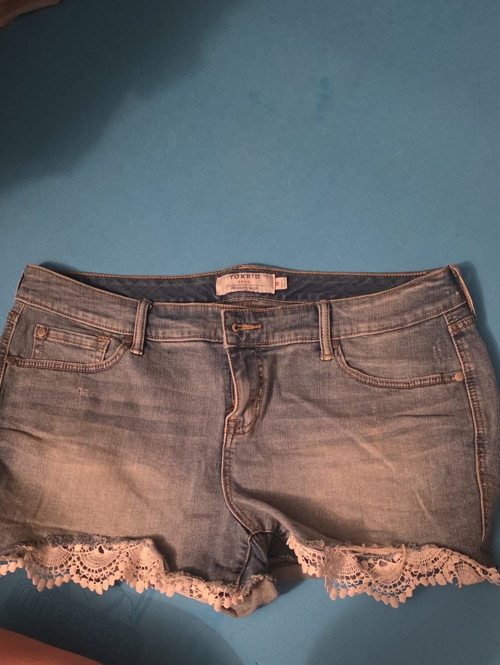 torrid Light Blue Denim Shorts with White Lace Hem